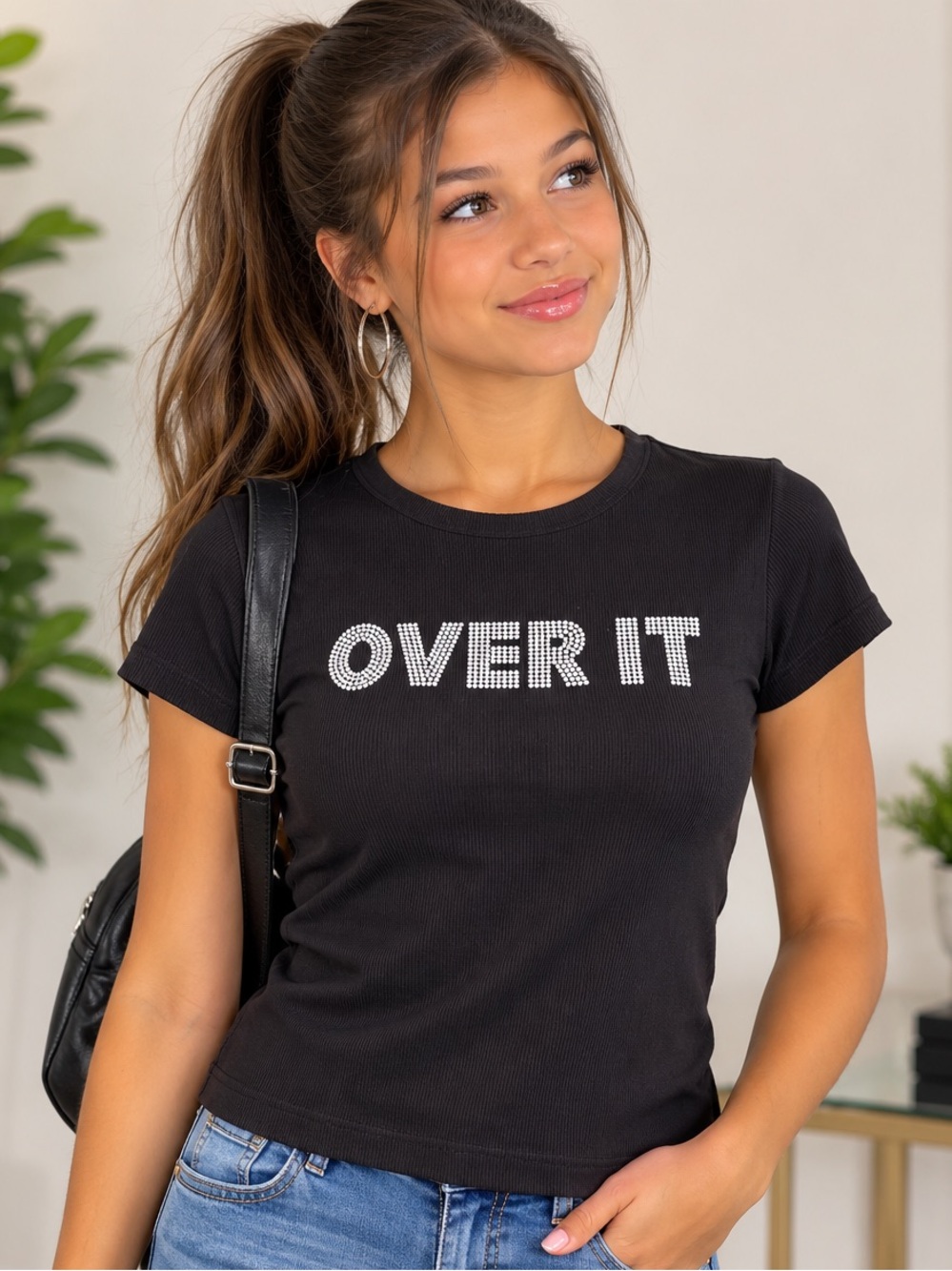 OVER IT Rhinestone Graphic Tee - Black